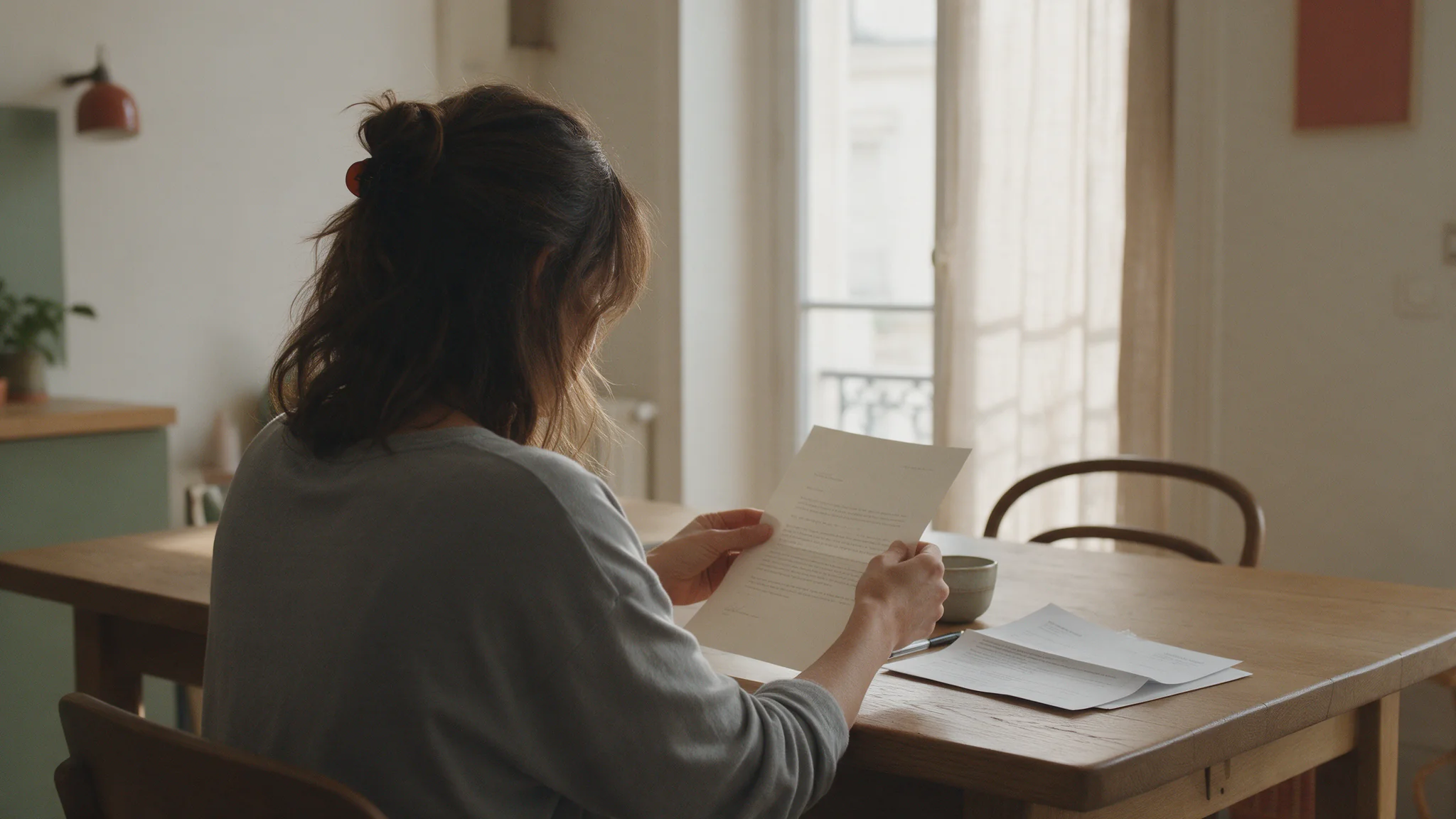 Une locataire lit la lettre de son propriétaire à sa table, le bail posé devant elle.