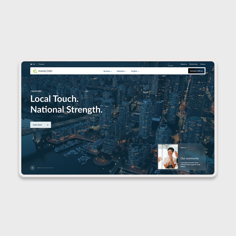 Desktop view of the new Navacord homepage, a connected digital experience created by our insurance web design agency.