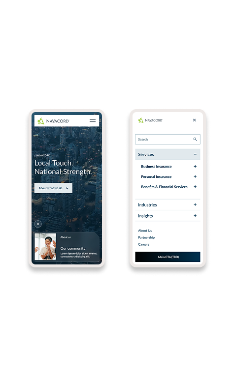 Responsive mobile design for Navacord, demonstrating how our insurance web design agency unified regional brand experiences.