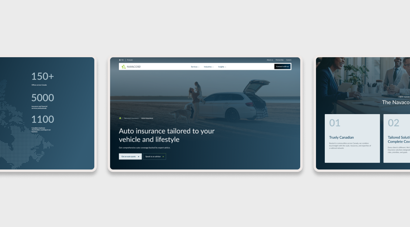 Three desktop interfaces showing auto insurance and broker stats, designed by our website redesign agency for Navacord.