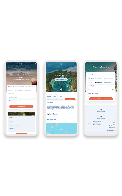 Responsive mobile-first booking experiences for Pleasant Holidays, designed by Nurun to simplify complex travel ecosystems.