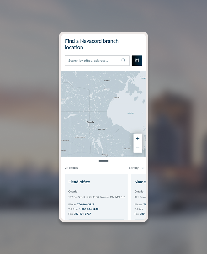 Mobile branch locator for Navacord, a key feature in the connected digital experience developed by our insurance web design agency.