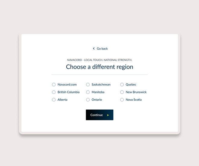 The region selection menu for Navacord, showcasing how our UX website redesign connects national consistency with local insurance expertise.