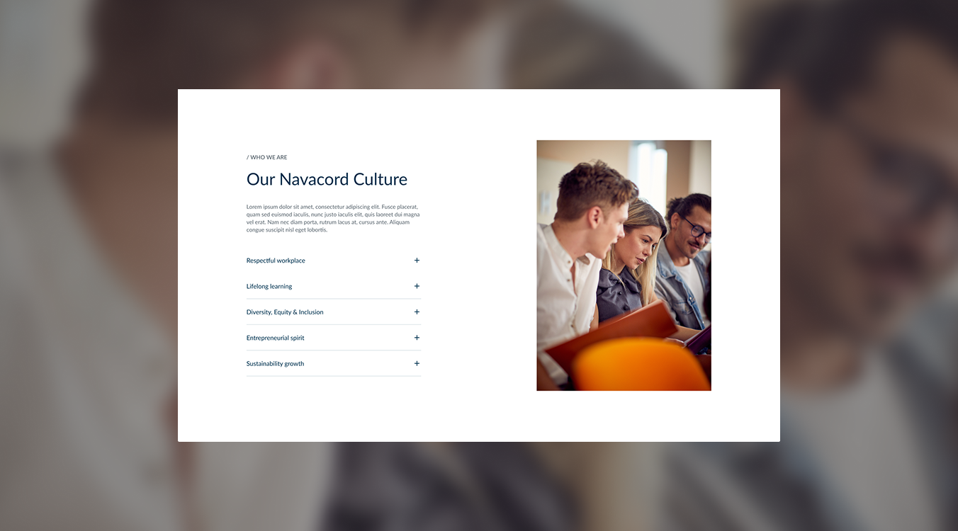 The Navacord culture section, part of a comprehensive connected digital experience delivered by our website redesign agency.