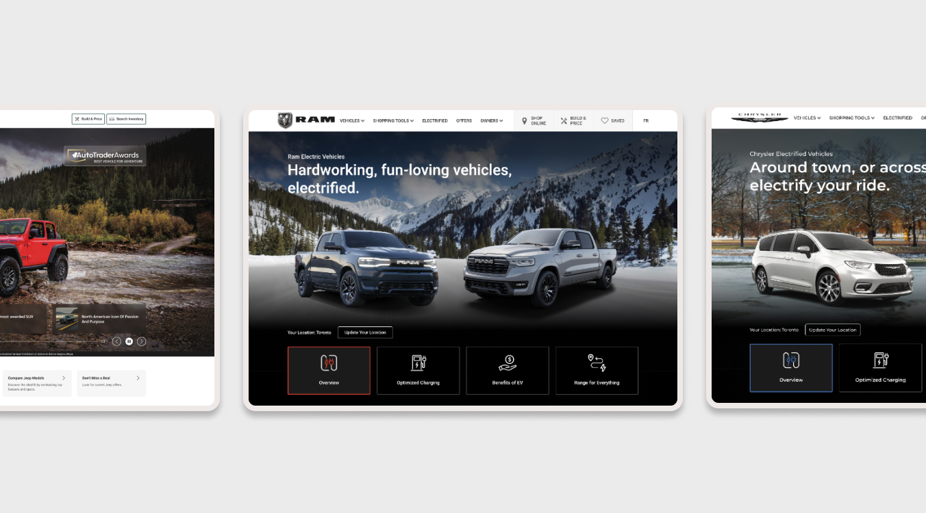 Desktop homepages for Jeep, RAM, and Chrysler, highlighting scalable experience patterns across the Stellantis commerce ecosystems.
