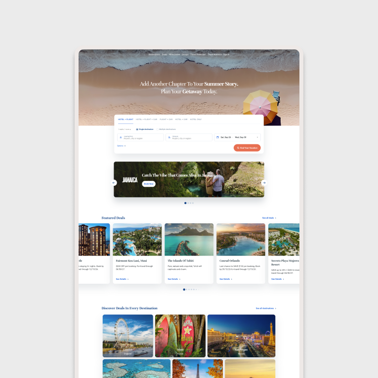 Desktop view of the redesigned Pleasant Holidays homepage, showcasing a seamless travel UX case study by digital transformation agency Nurun.