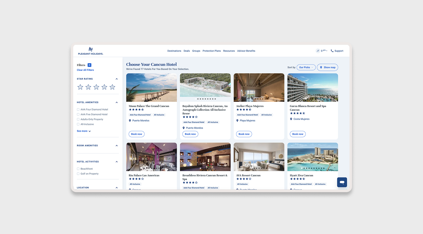Hotel selection interface for Pleasant Holidays, showcasing clear filters and intuitive experience design.