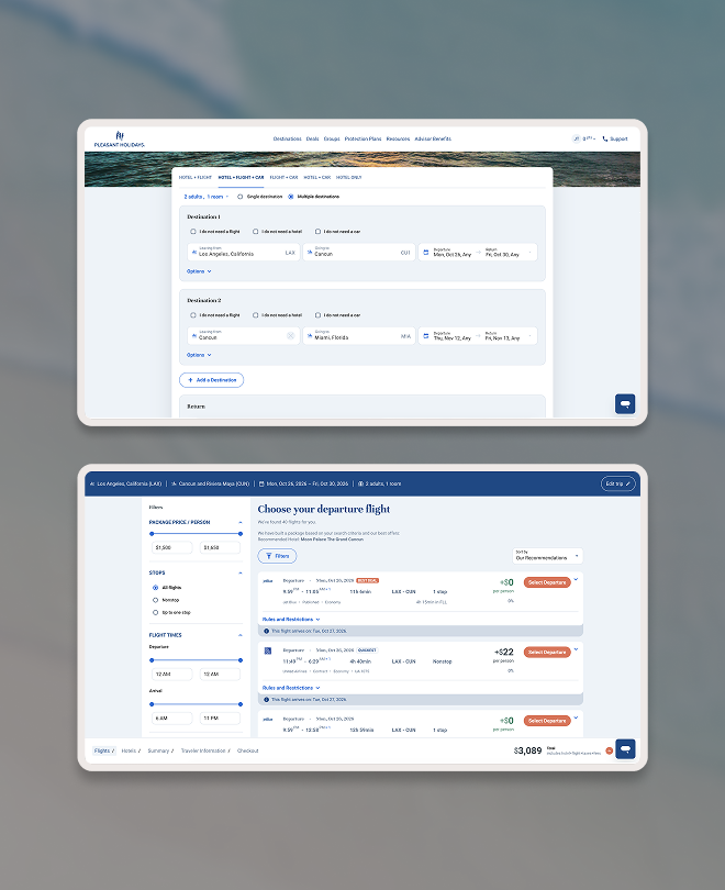 Advanced flight search and multi-destination UI for Pleasant Holidays, highlighting digital transformation in travel customer hubs.