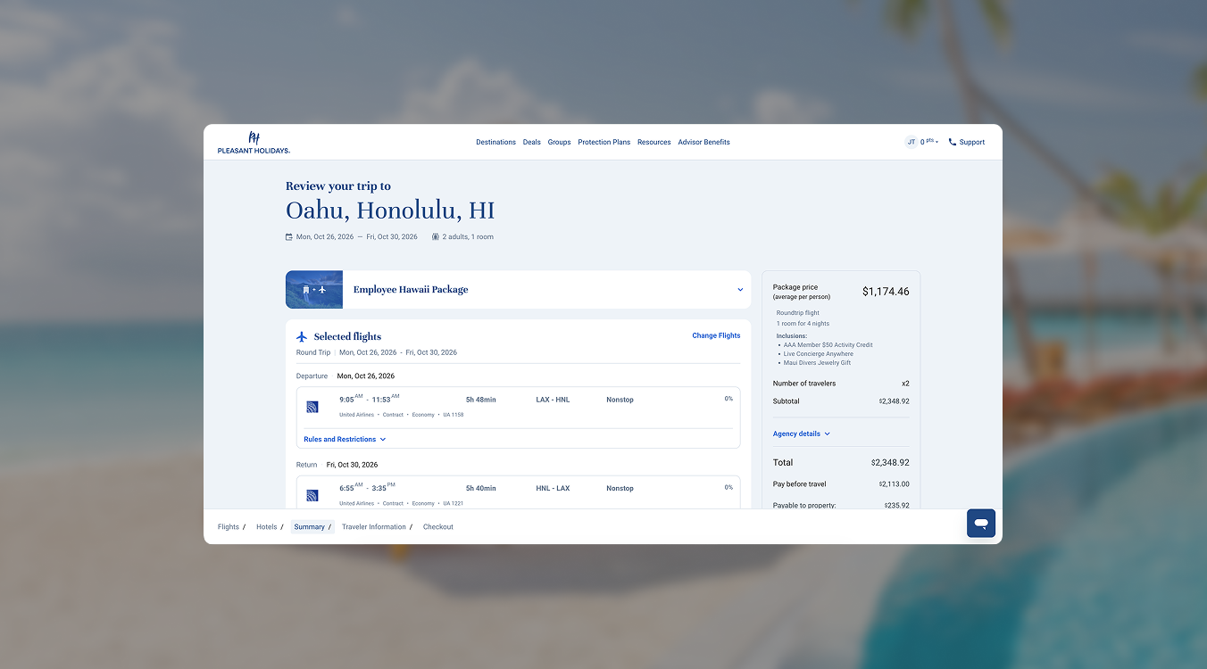 Detailed trip review and checkout interface for Pleasant Holidays, demonstrating Nurun's product strategy and UX design expertise.
