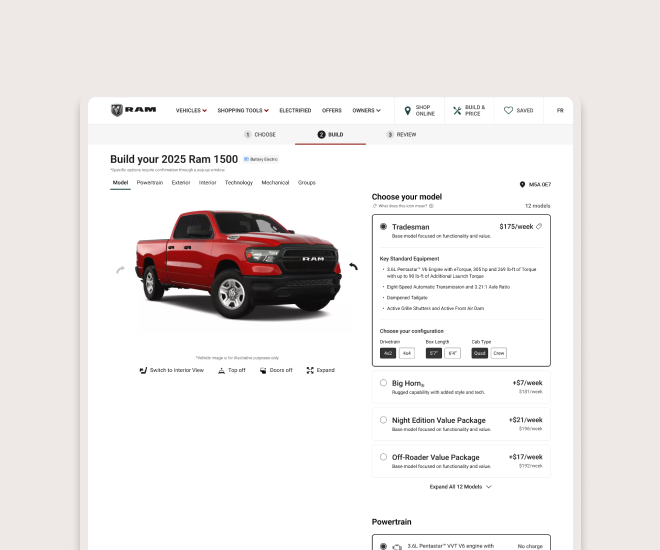 The modernized Ram 1500 build and price tool, an intuitive commerce ecosystem designed by our UI - UX design agency.