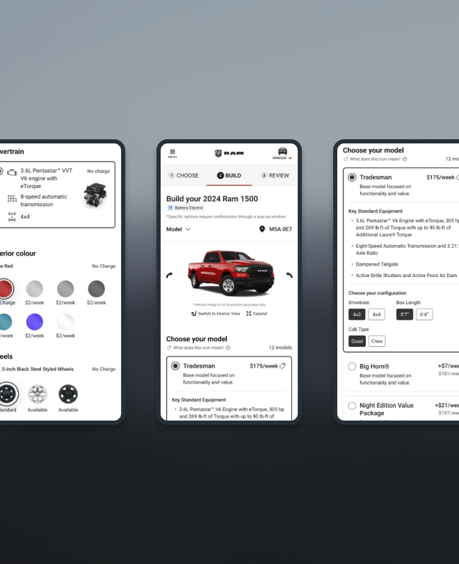 Mobile build and price screens for Ram vehicles, simplifying automotive vehicle journeys for the Stellantis commerce ecosystems.