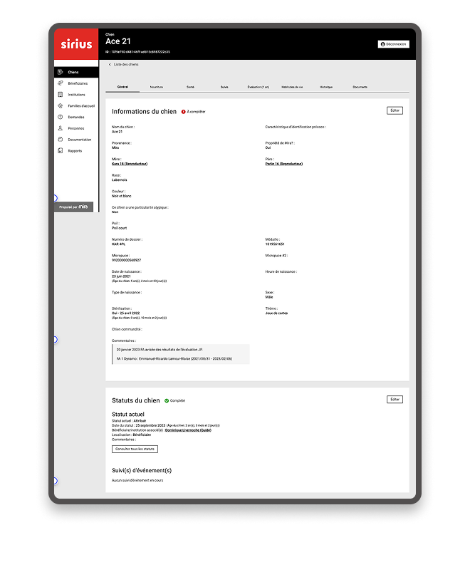 Detailed dog profile within the Sirius custom digital platform, illustrating successful data migration and operational data management.