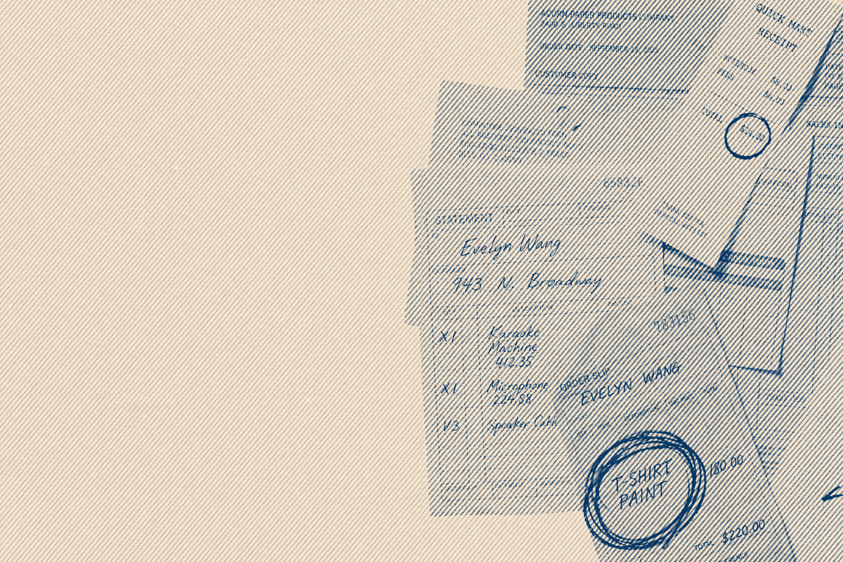 Scattered receipts and invoices on cream