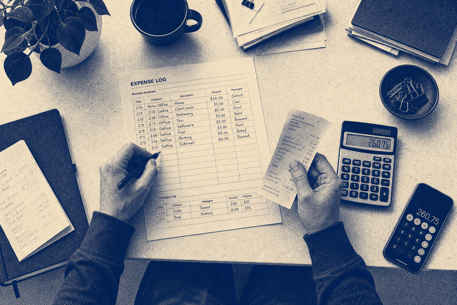 Freelancer facing a pile of documents