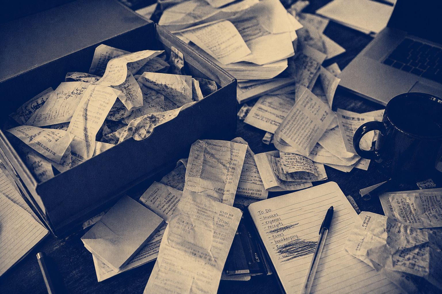 Messy shoebox of freelancer receipts