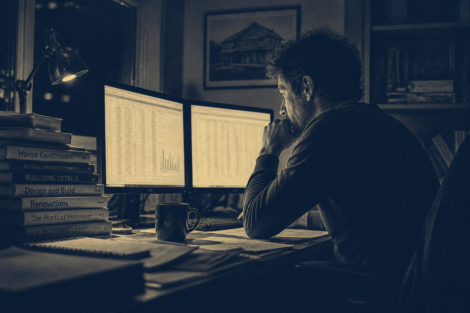 Late-night work across computer monitors