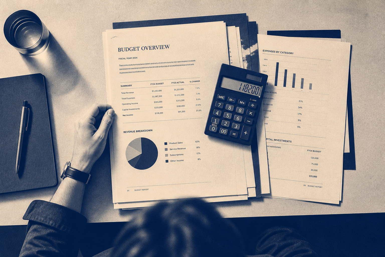 Budget papers stacked for review