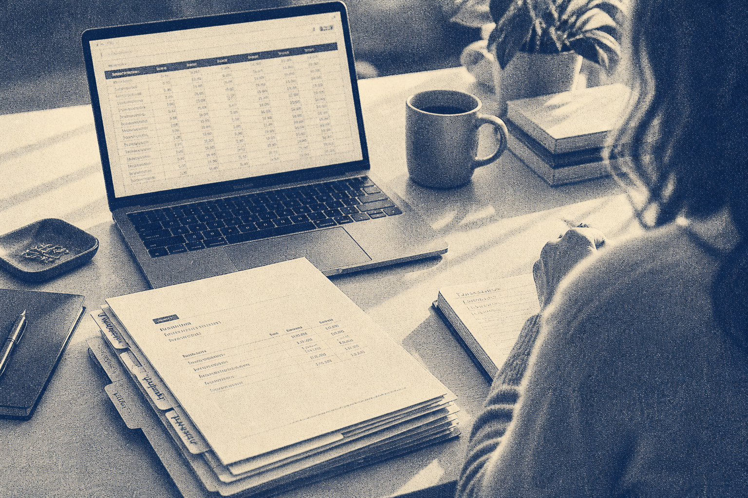Desk with sorted folders for bookkeeping work