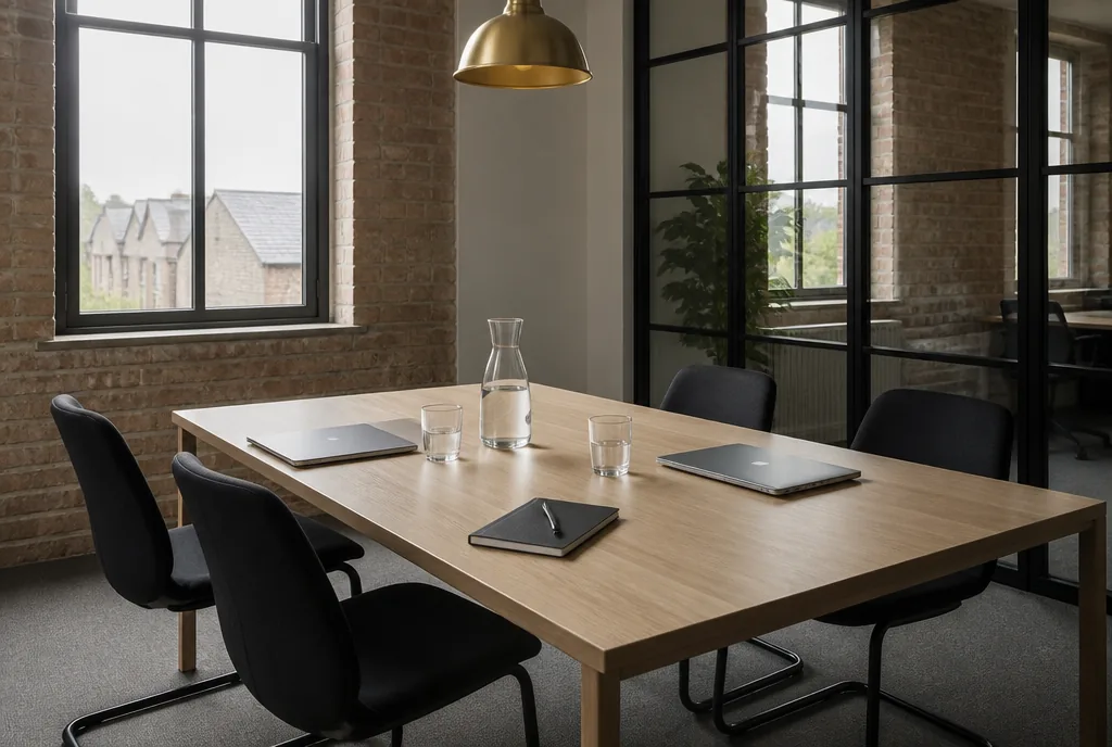 Empty meeting room with a long wooden table at ClickScope Digital