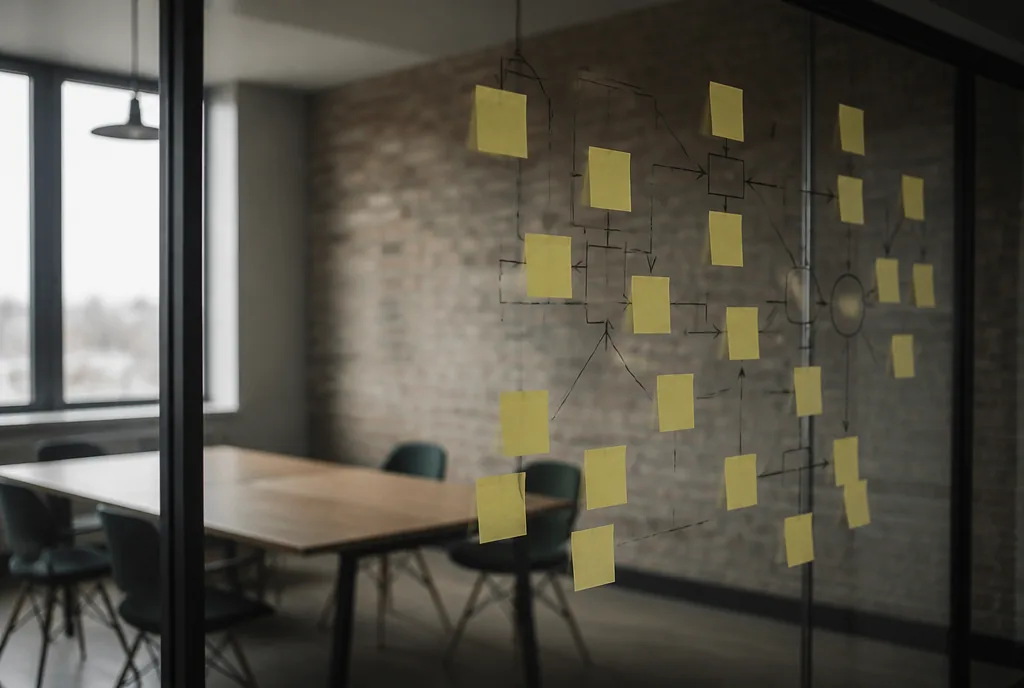 Campaign planning wall covered with notes at the ClickScope Digital office