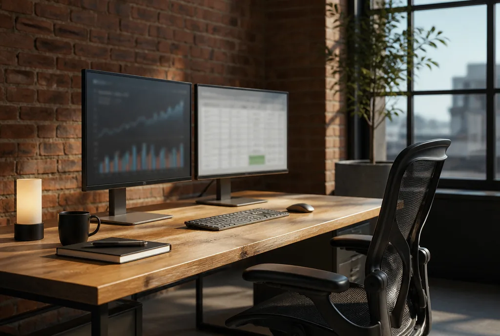 Desk with two monitors showing campaign performance dashboards