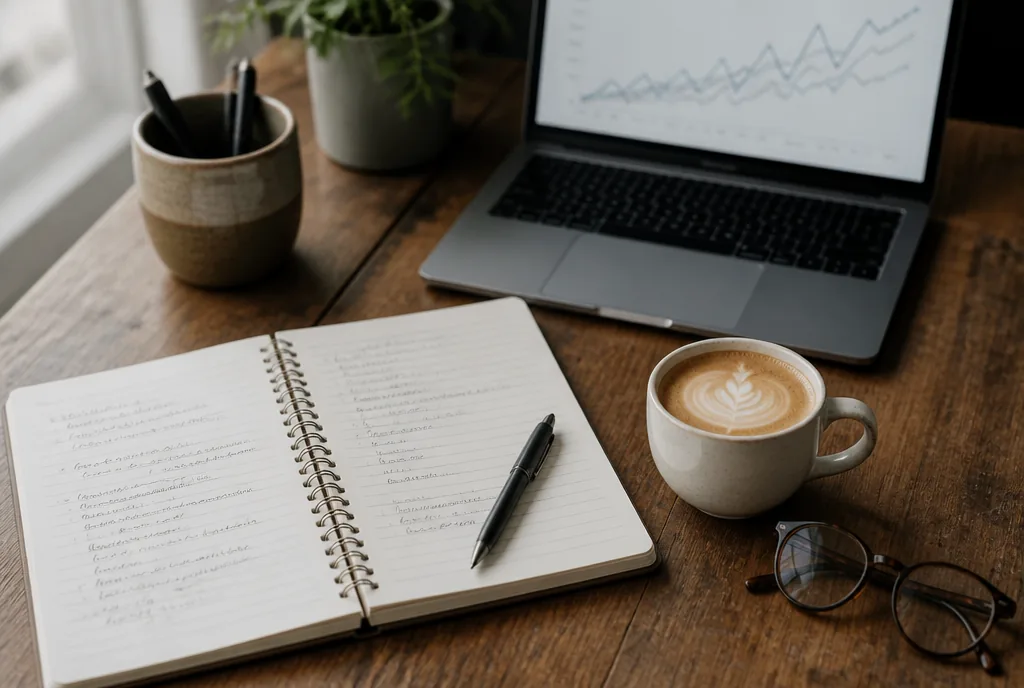 Open notebook, laptop and coffee on a desk at ClickScope Digital