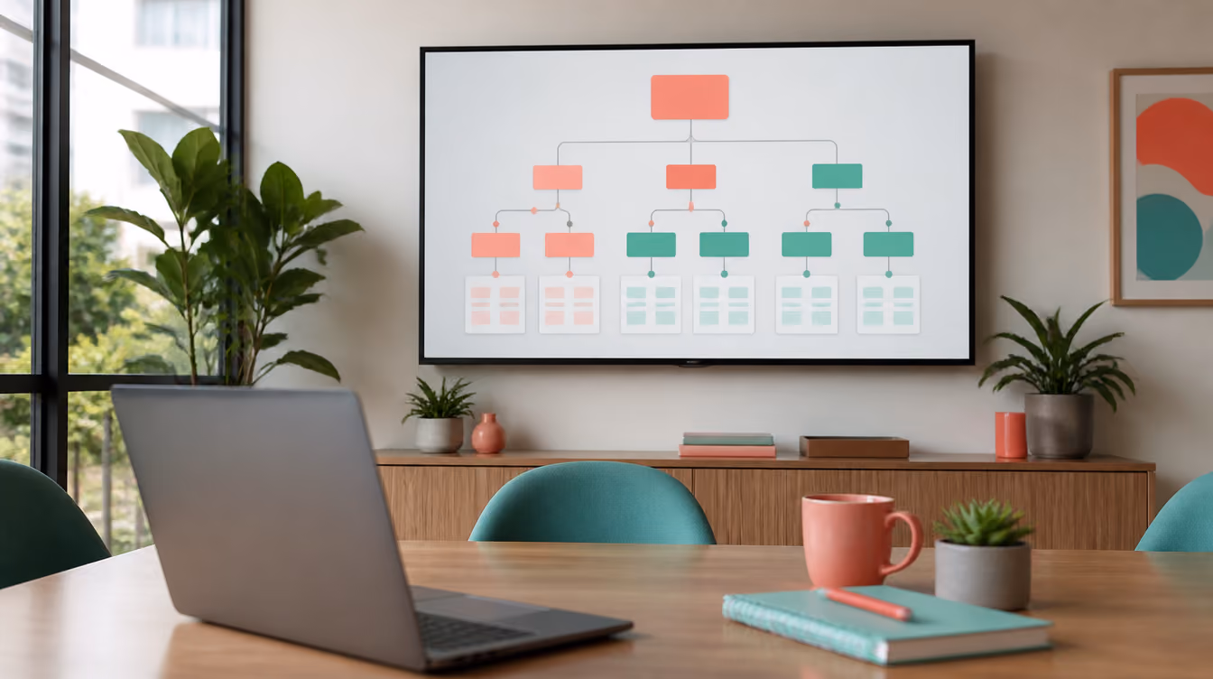 Meeting room screen showing a site structure diagram at ClickScope Digital