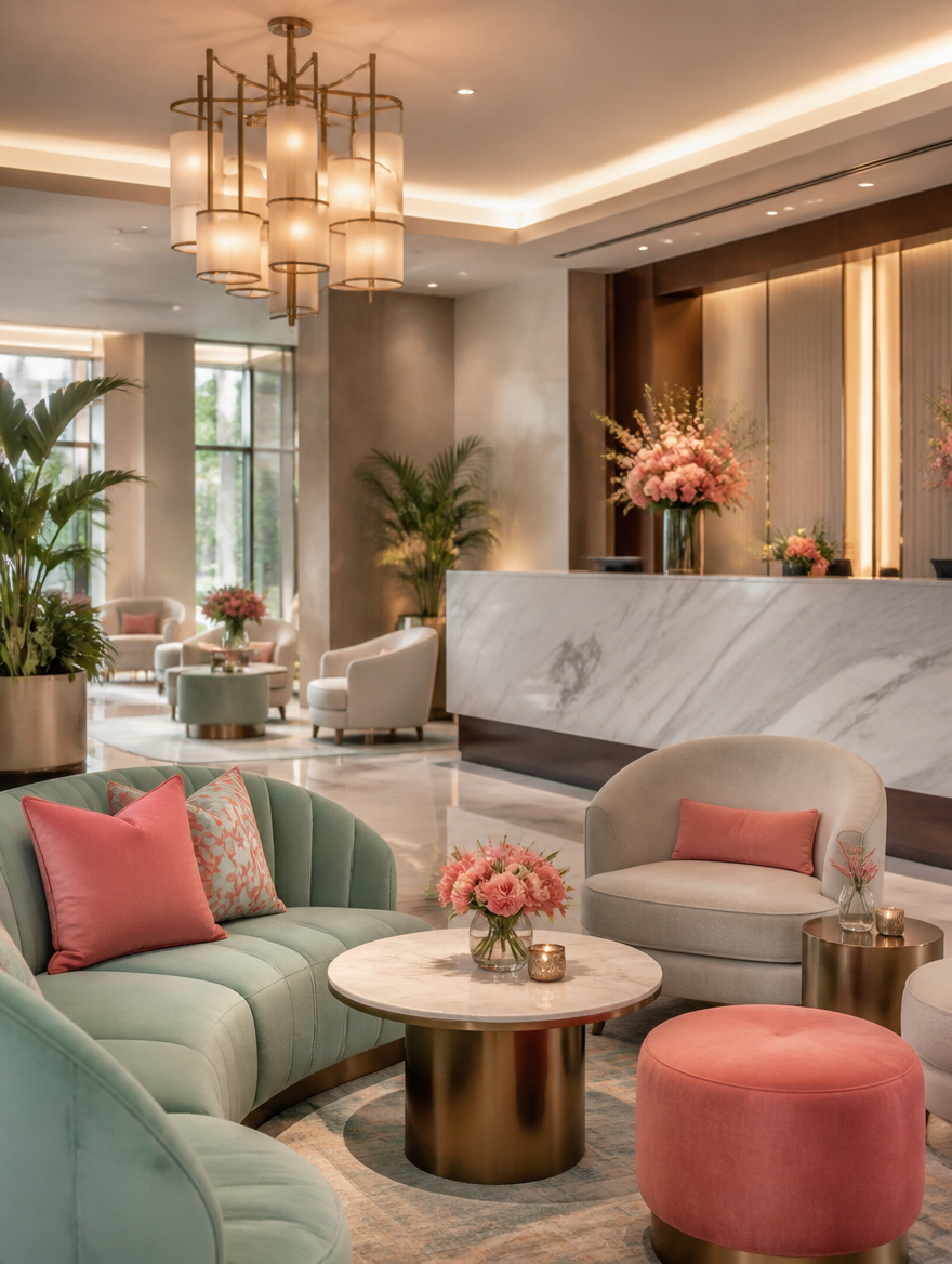 Hotel lounge with armchairs and a marble reception counter