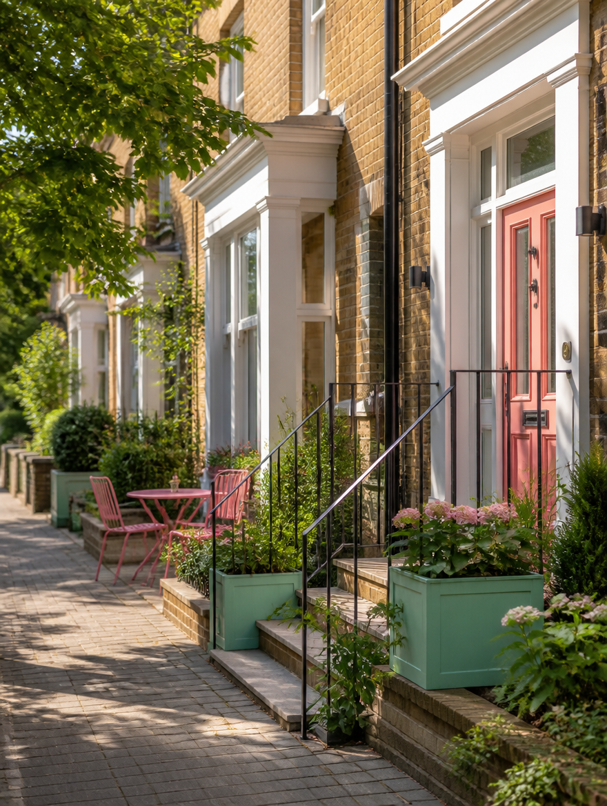 Front doors and railings of period townhouses
