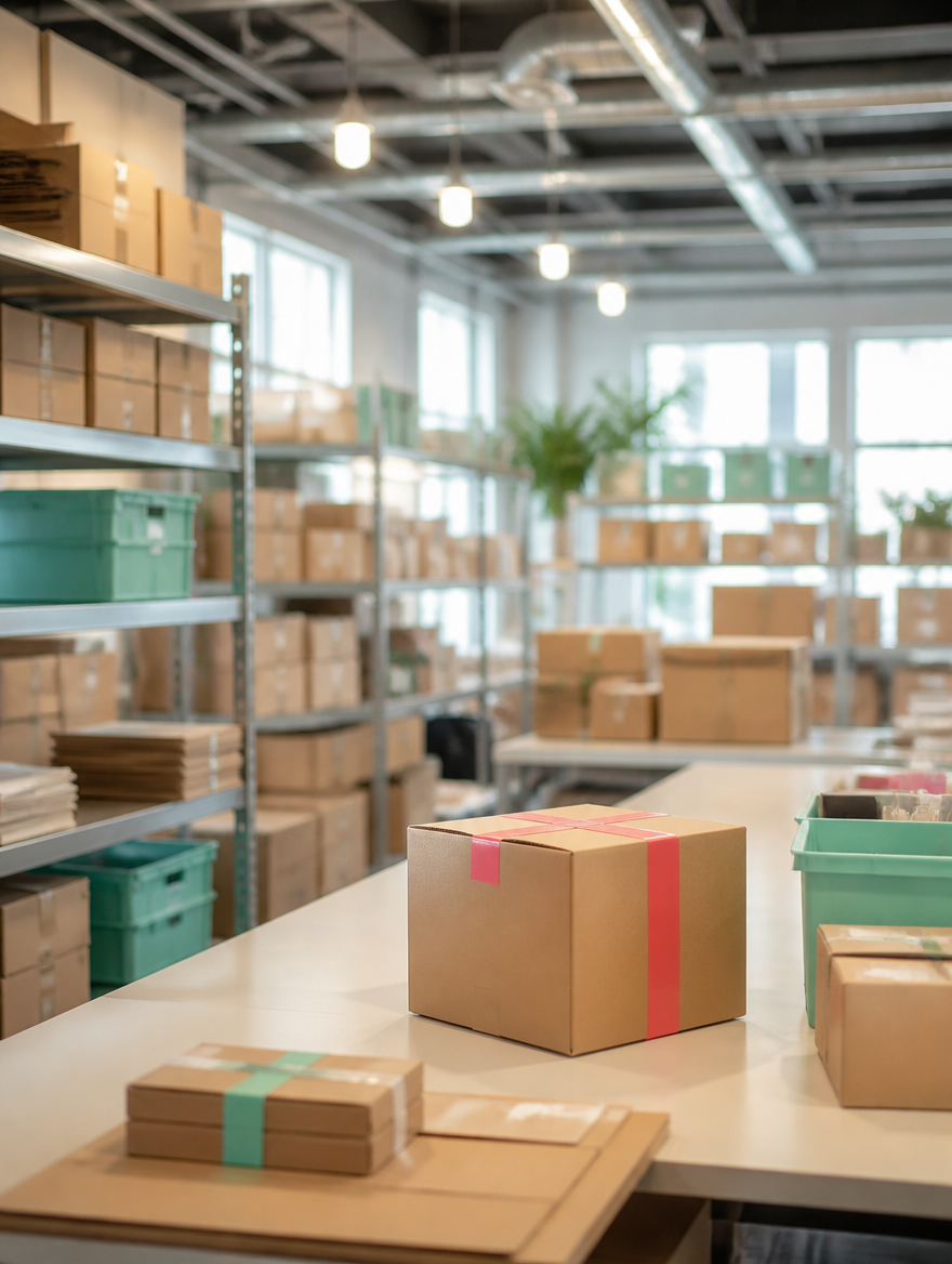Shelves of packed parcels in an ecommerce fulfilment room