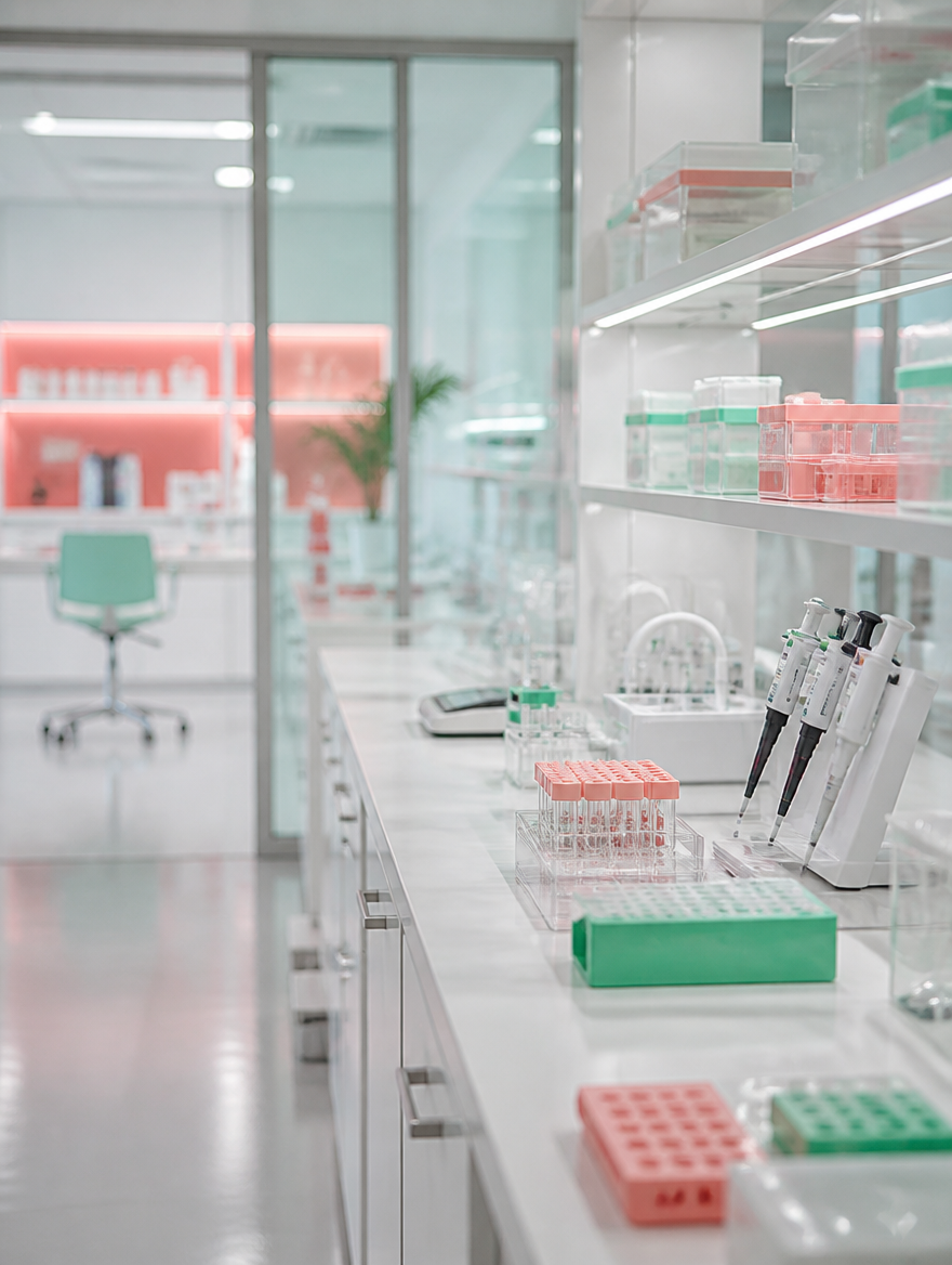 Laboratory bench with pipettes and sample racks