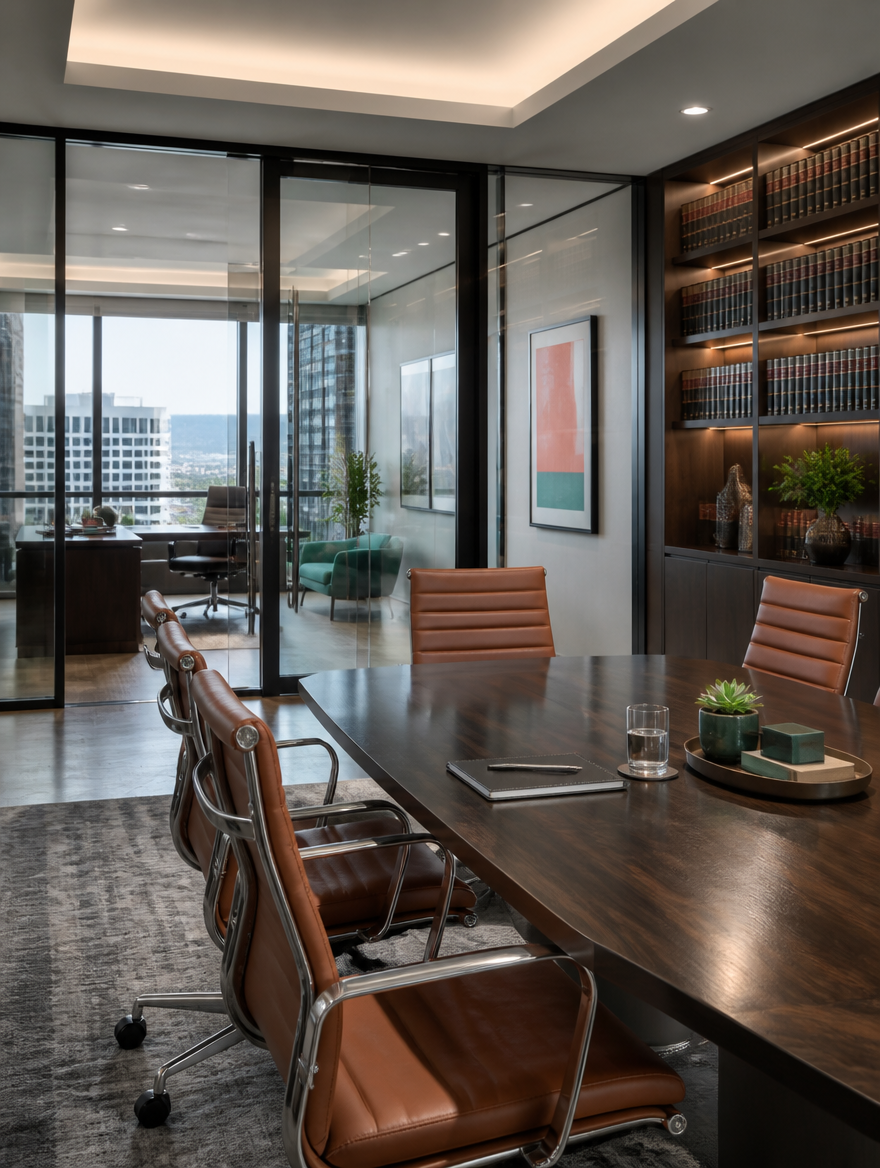 Boardroom table and bookshelves in a law firm office