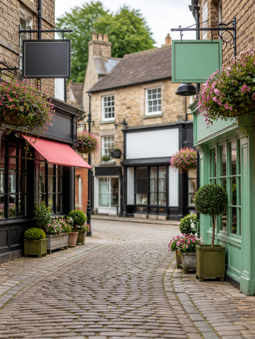 Georgian street of independent shops with awnings in Bury St Edmunds