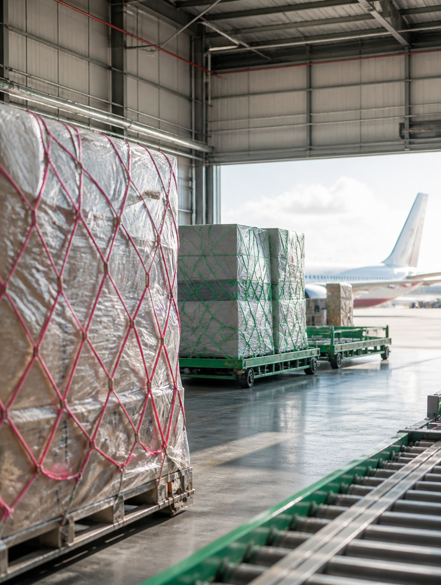 Air freight pallet loaded beside an aircraft near Bishop's Stortford