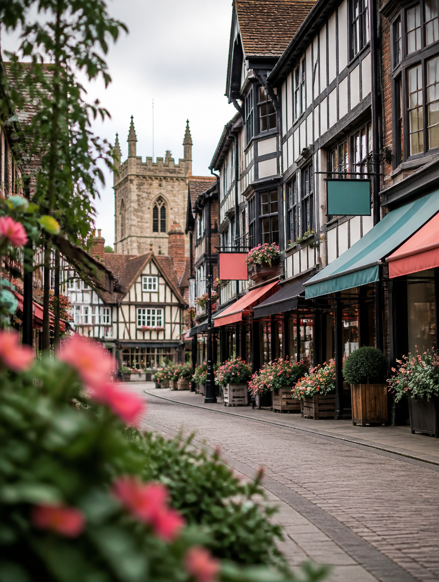 Timber-framed historic buildings and independent shopfronts in Saffron Walden