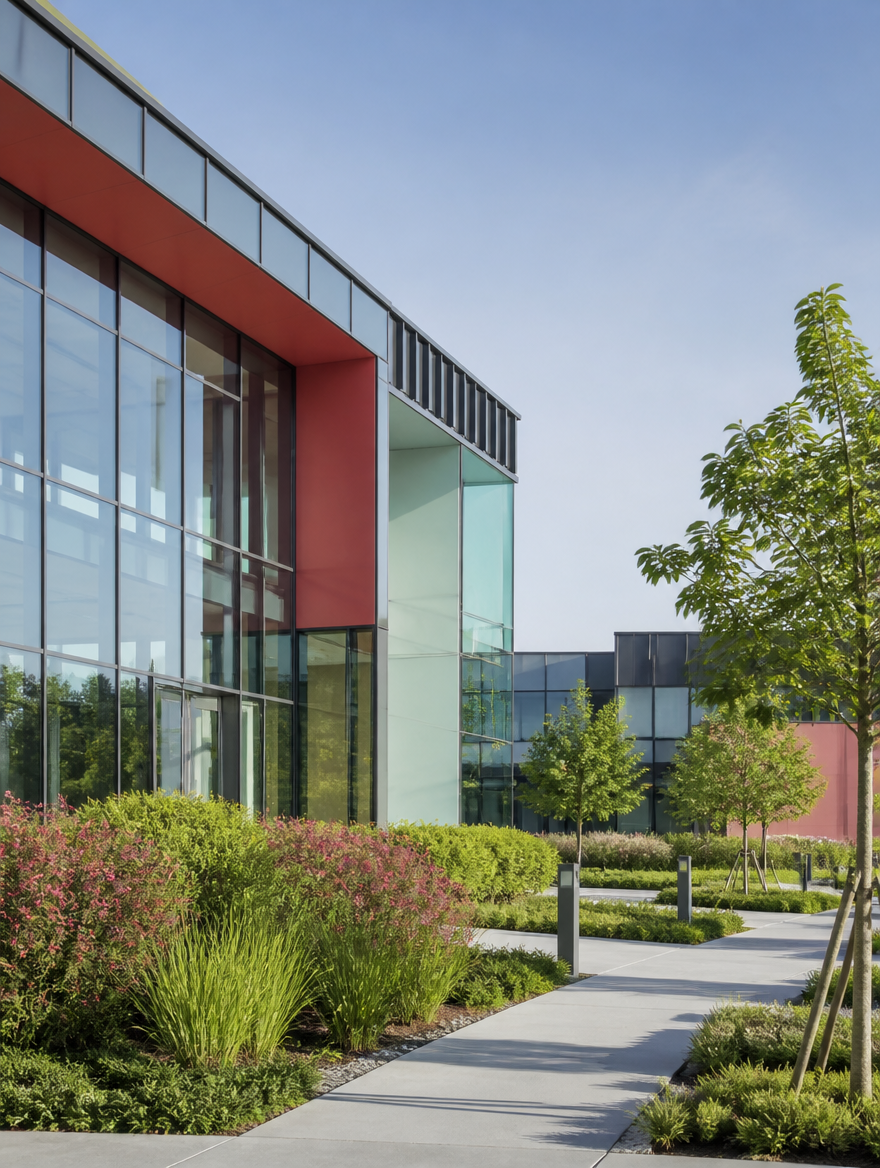 Glass-fronted research and office building surrounded by trees near Sawston