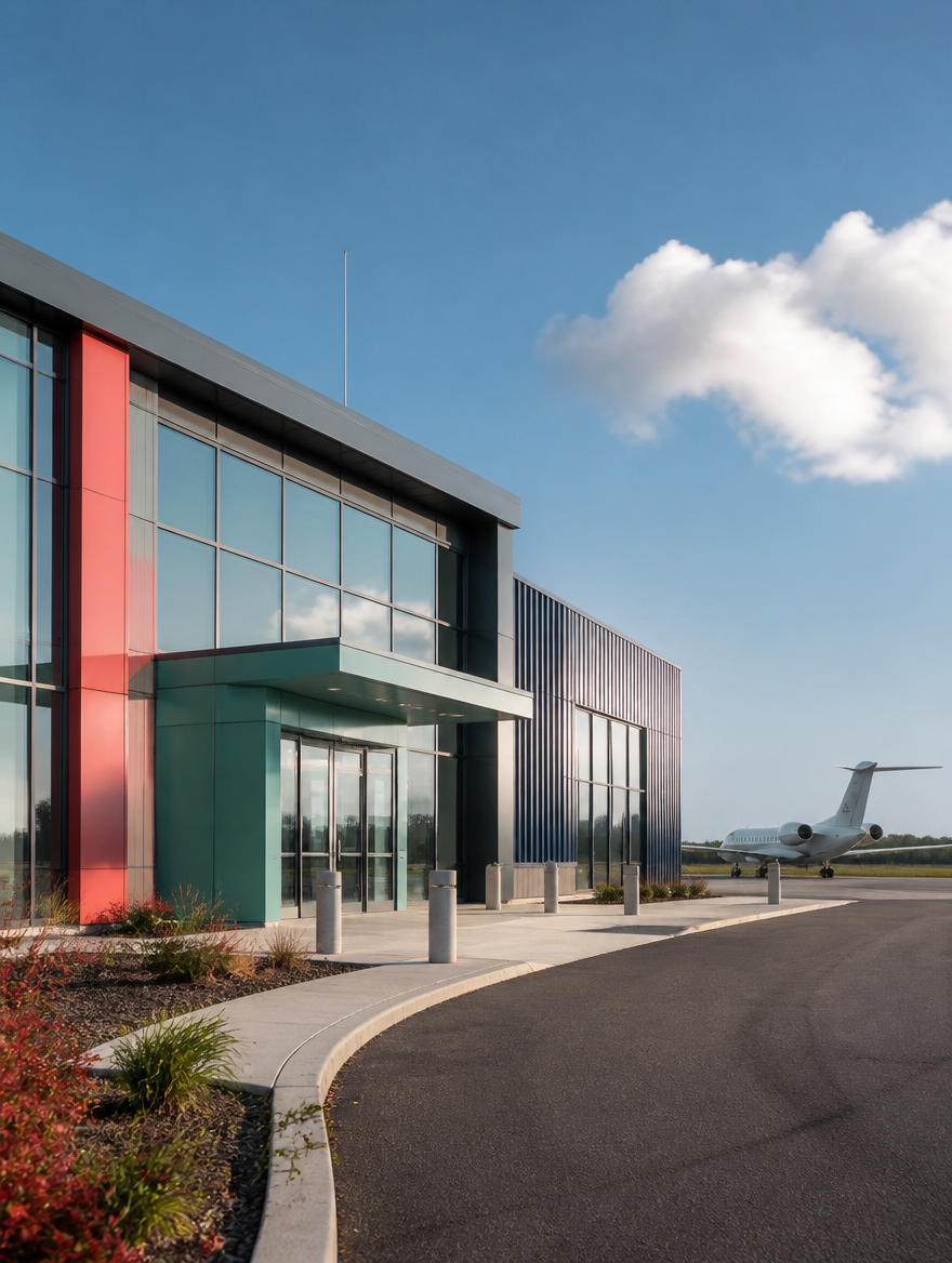 Modern glass business unit beside a light aircraft near Huntingdon