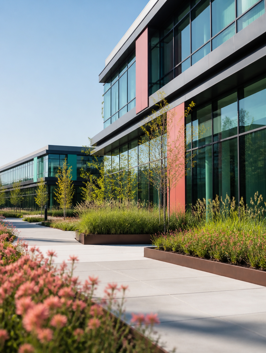 Modern glass office building with landscaped planting on Cambourne Business Park