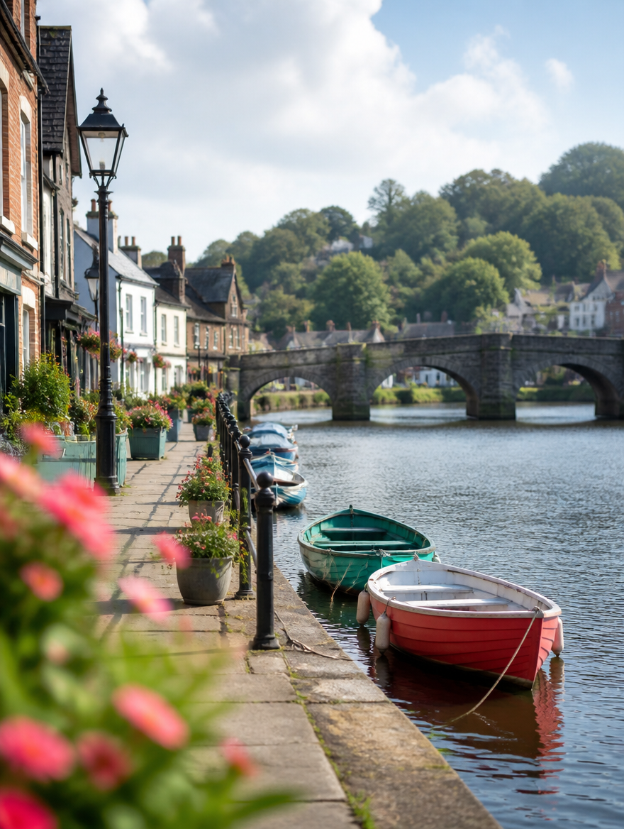 Stone bridge over the river at St Ives with moored boats