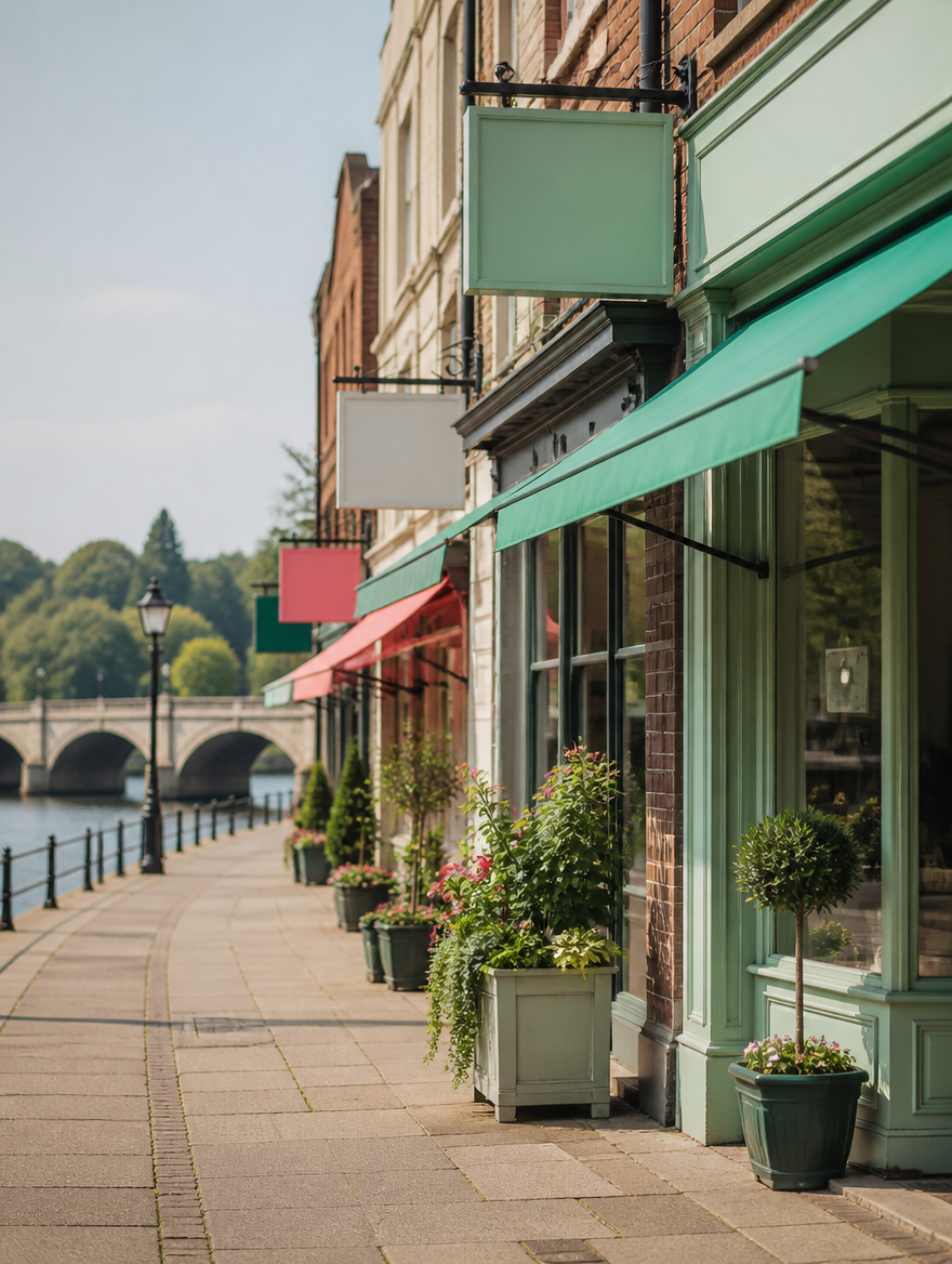 Shopfronts beside a stone river bridge in St Neots