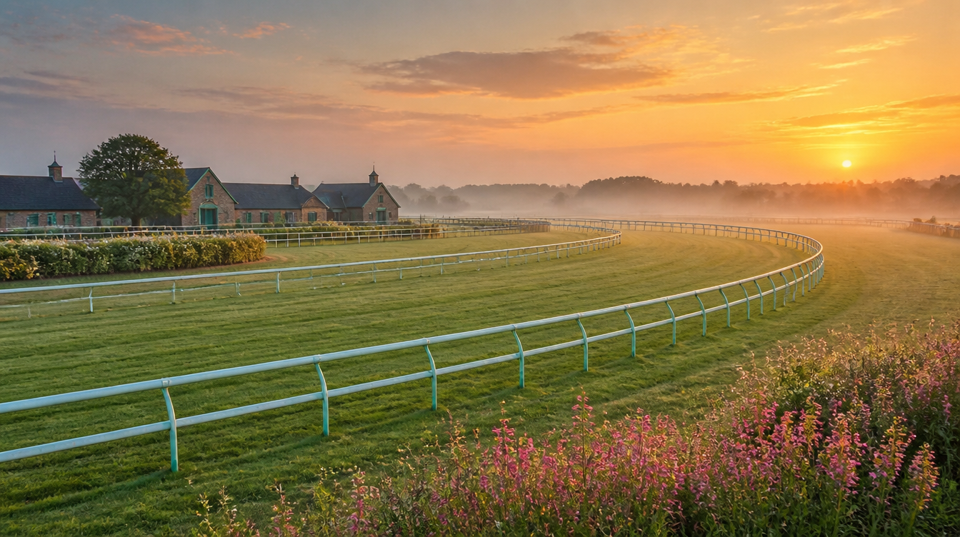 Railed training gallops running through open grassland at sunrise near Newmarket