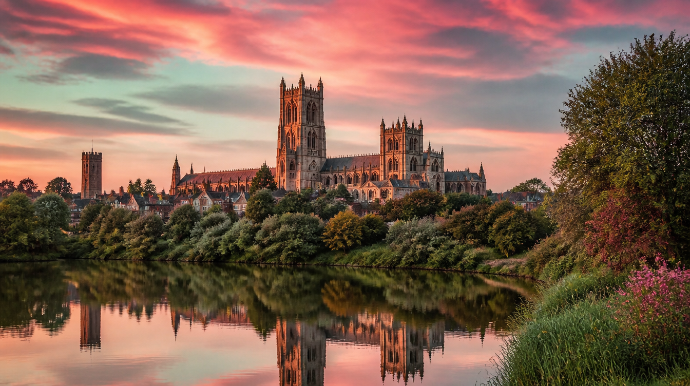 Ely Cathedral on the skyline at sunset, seen across water
