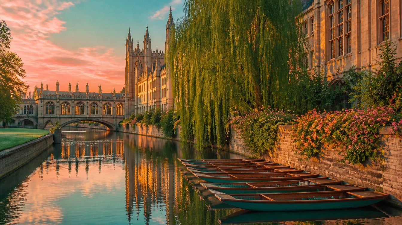 Punts moored on the River Cam beside Cambridge college buildings and willow trees