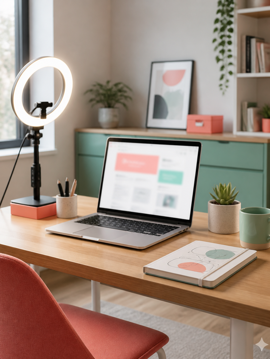 Creator desk setup with a ring light and a laptop showing an abstract sales page