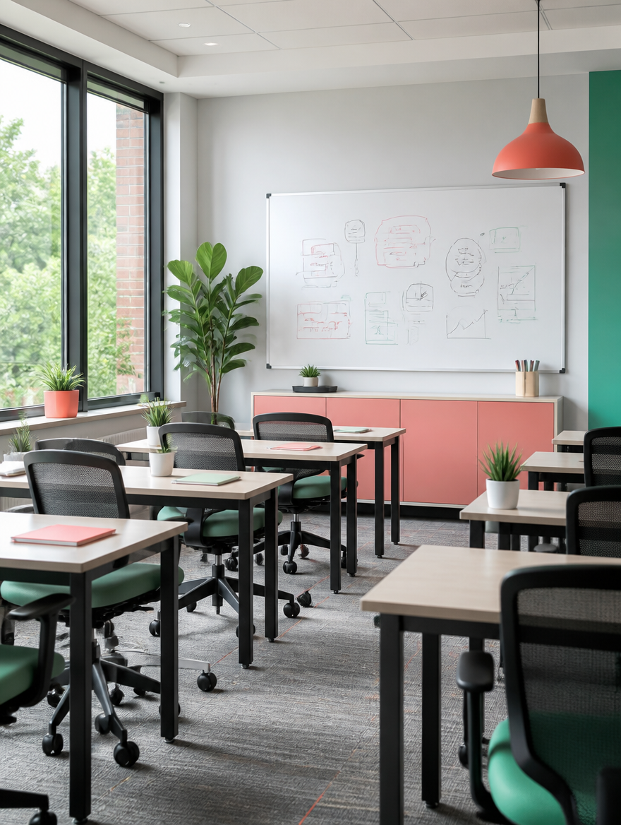 Empty modern training room with neatly arranged desks and a whiteboard
