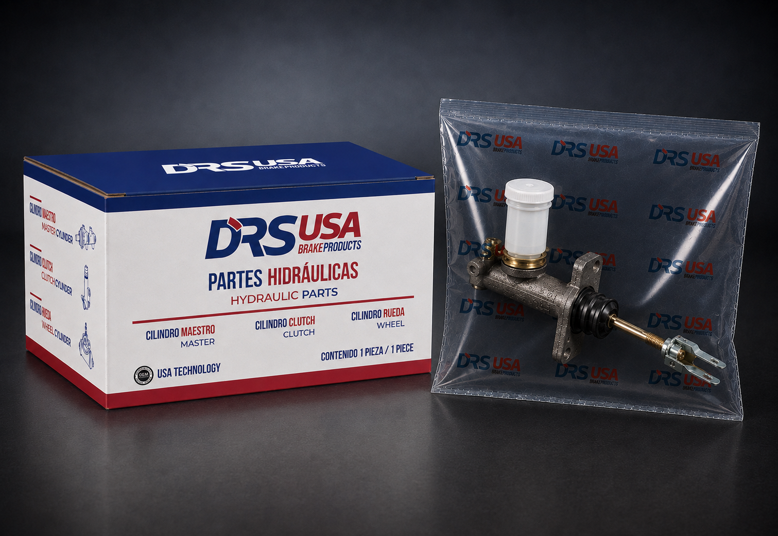 Caja azul, blanca y roja de DRS USA con texto en español e inglés que dice partes hidráulicas y cilindro maestro, clutch y rueda, junto a un cilindro maestro para embrague empaquetado en una bolsa plástica transparente con logotipos de DRS USA.