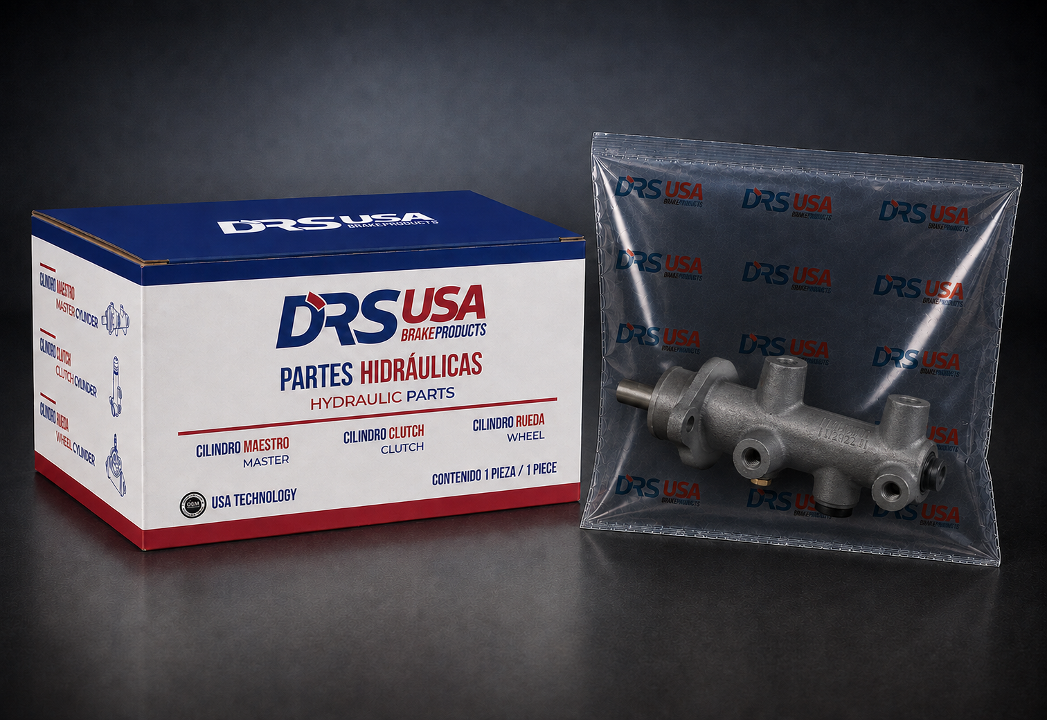 Caja de cartón y pieza metálica de cilindro maestro para frenos de la marca DRS USA, con texto en español e inglés indicando partes hidráulicas y tipo de cilindros.
