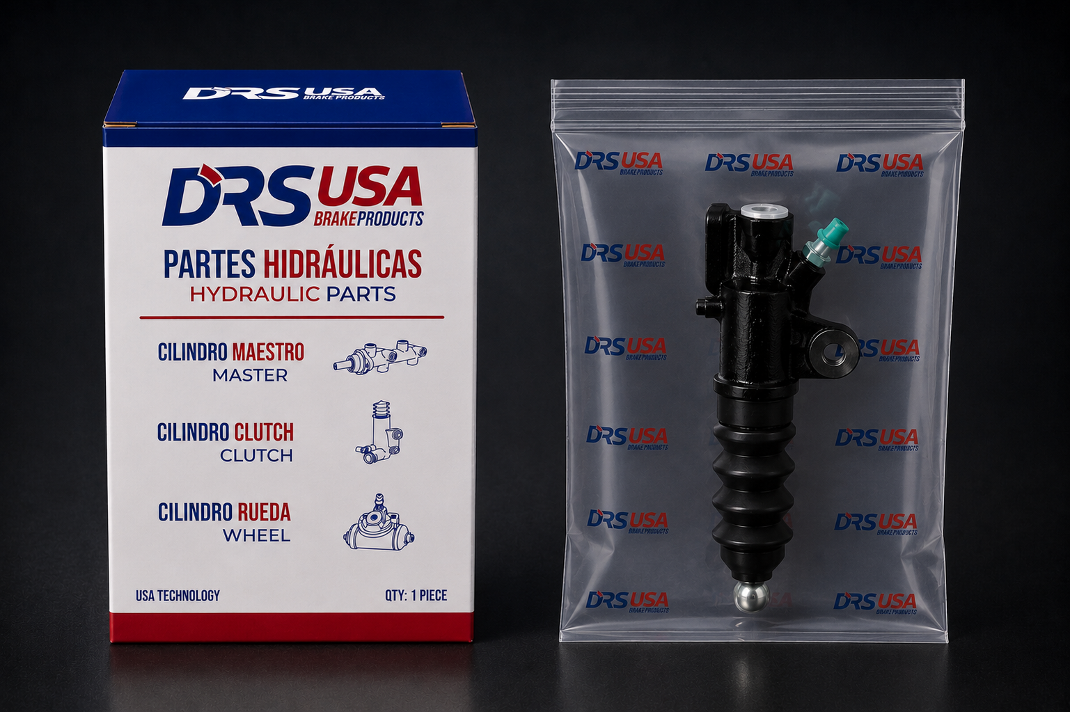 Producto de DRS USA Brake Products con caja blanca, azul y roja que muestra partes hidráulicas para frenos: cilindro maestro, cilindro de clutch y cilindro de rueda, junto a un cilindro esclavo para embrague embalado en bolsa plástica transparente con logos DRS USA.