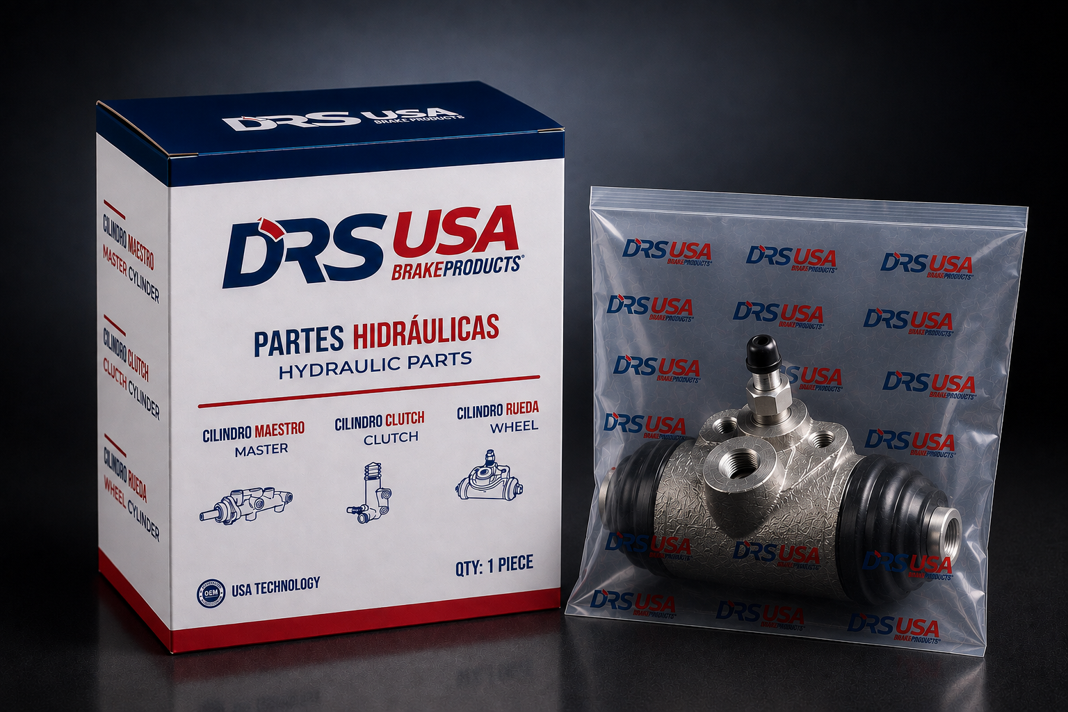 Caja blanca y azul de DRS USA Brake Products con texto en español e inglés que muestra partes hidráulicas: cilindro maestro, cilindro clutch y cilindro rueda, junto a un cilindro rueda en bolsa plástica con logotipos de DRS USA.