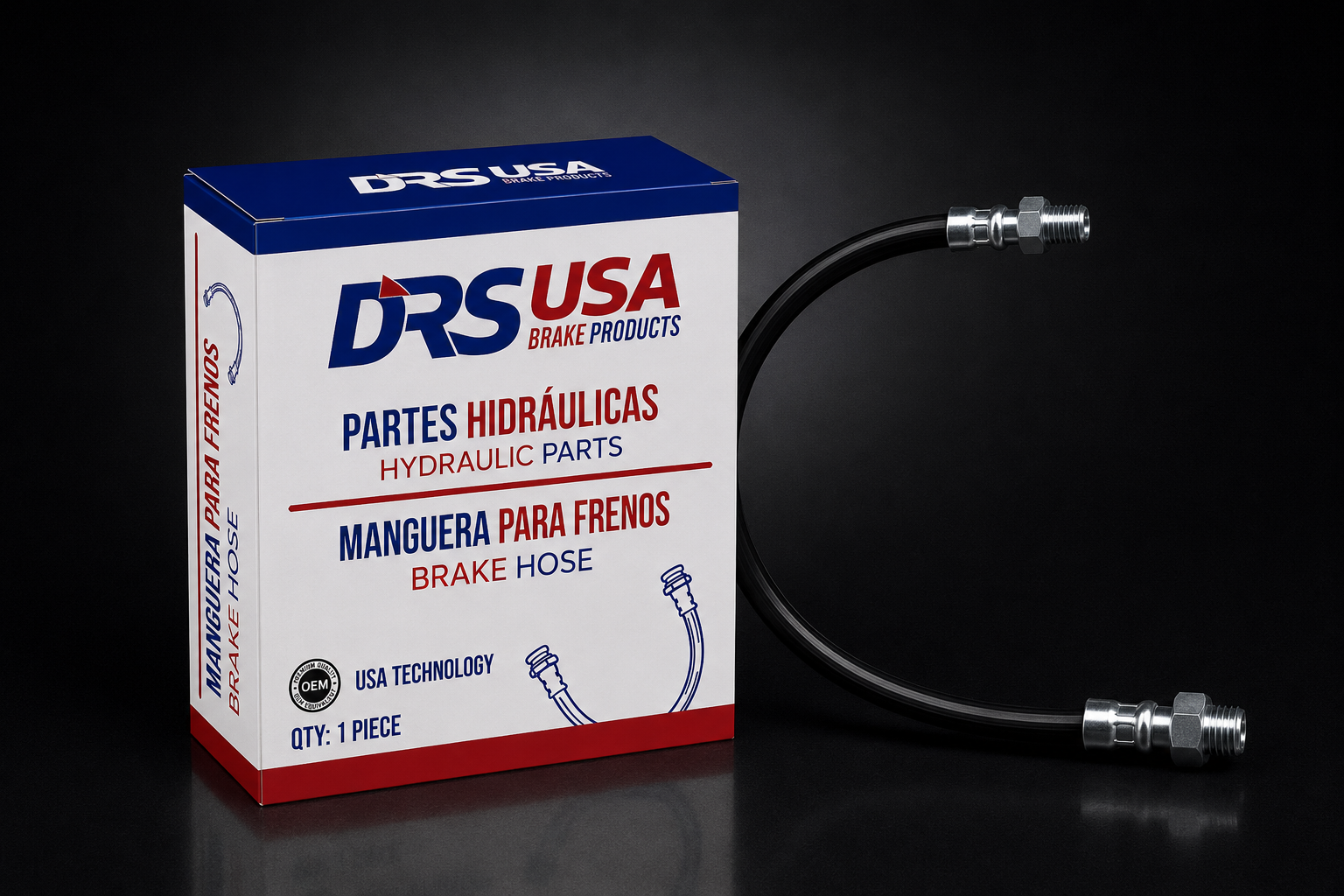 Paquete de la marca DRS USA para una manguera para frenos con texto que indica partes hidráulicas, tecnología de EE.UU. y contenido de 1 pieza, junto a una manguera negra con conectores metálicos.
